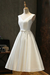 Chic Lace Up Tea Length Vintage Satin Ivory Wedding Dress