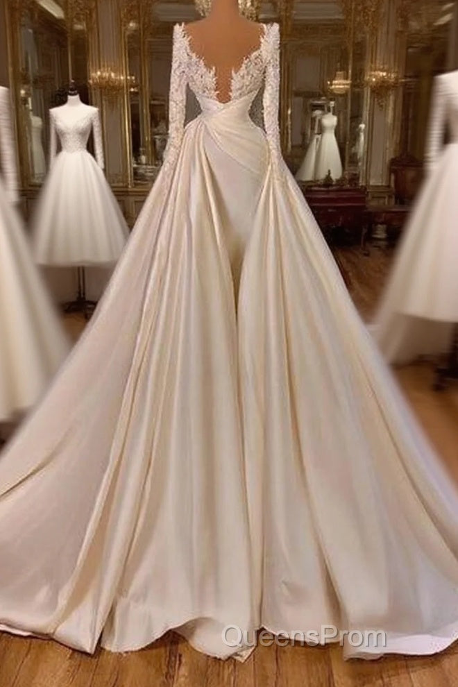 Chic Long A-line Cathedral V-neck Satin Lace Wedding Dress With Sleeves Main image