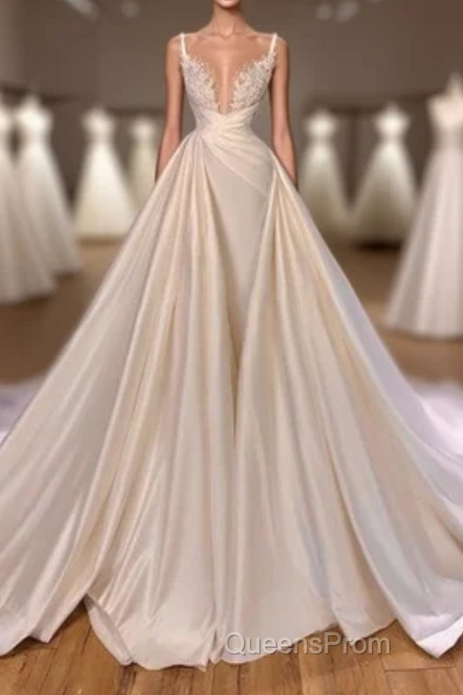 Chic Long A-line Sleeveless Spaghetti Strap Cathedral V-neck Satin Lace Wedding Dress Main image