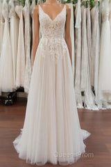Chic Long A line V neck Appliques Lace Tulle Wedding Dress