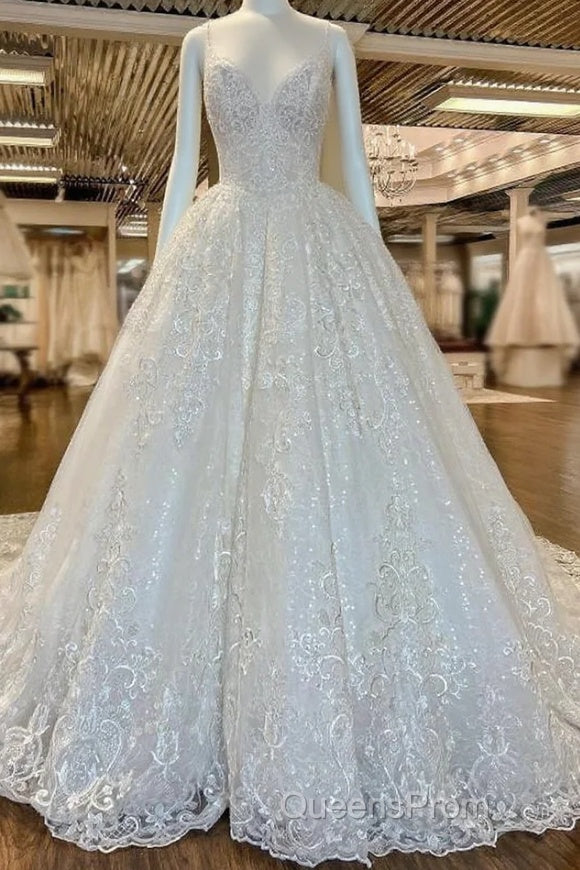 Chic Long A-line V-neck Floral Lace Open Back Wedding Dress Main image