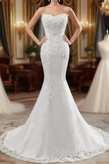 Chic Long Mermaid Strapless Lace Appliques Wedding Dress