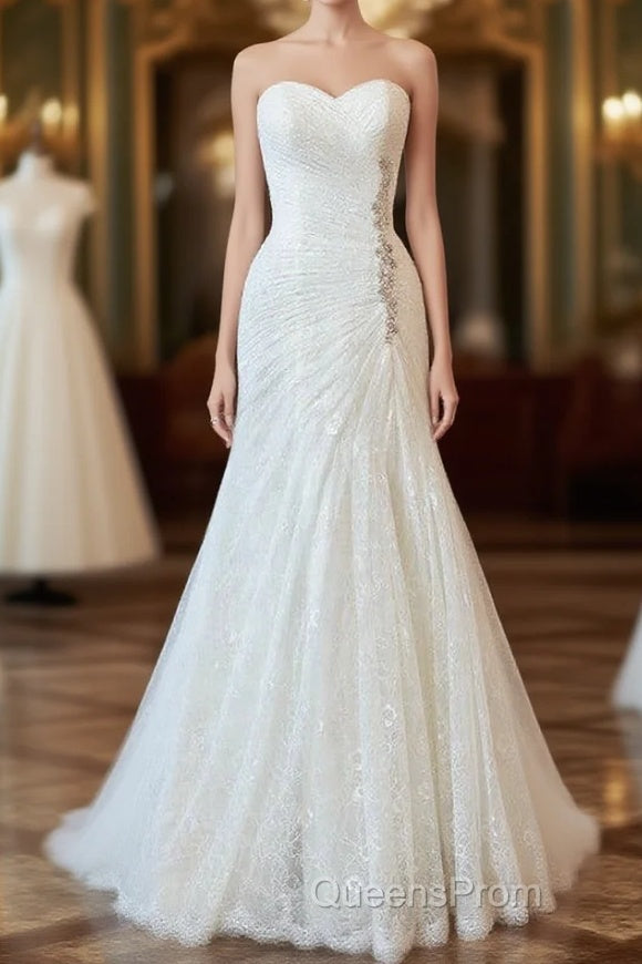 Chic Long Sheath Strapless Ruffle Lace Wedding Dress