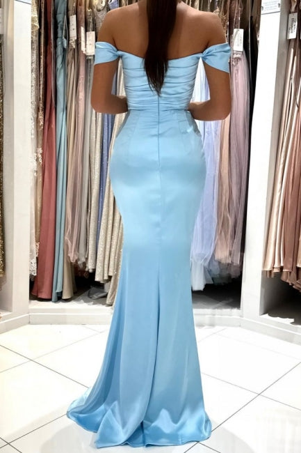 Chic Long Sky Blue Sleeveless Prom Dress With Slit Off-The-Shoulder Mermaid Secondary image