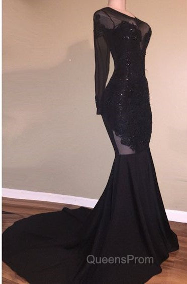 Chic Mermaid Black Long-Sleeves Backless Appliques Evening Prom Party Gowns Secondary image