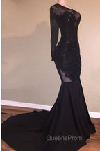 Chic Mermaid Black Long-Sleeves Backless Appliques Evening Prom Party Gowns