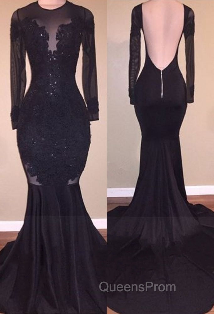 Chic Mermaid Black Long-Sleeves Backless Appliques Evening Prom Party Gowns Main image