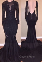 Chic Mermaid Black Long-Sleeves Backless Appliques Evening Prom Party Gowns