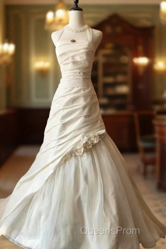Chic Mermaid Halter Satin Ivory Long Wedding Dress Bridal Dress Main image