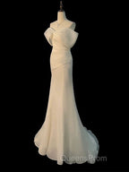 Chic Mermaid Off The Shoulder Short Sleeves Ivory Chiffon Wedding Dress With Ruffles