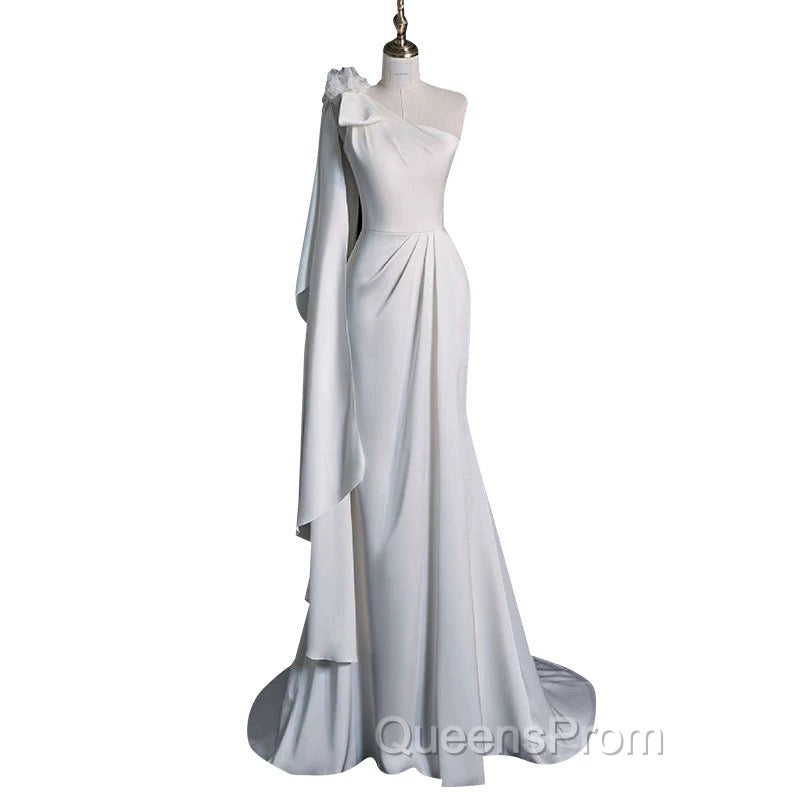 Chic Mermaid One Shoulder Sleeveless Ivory Chiffon Wedding Dress With Flowers