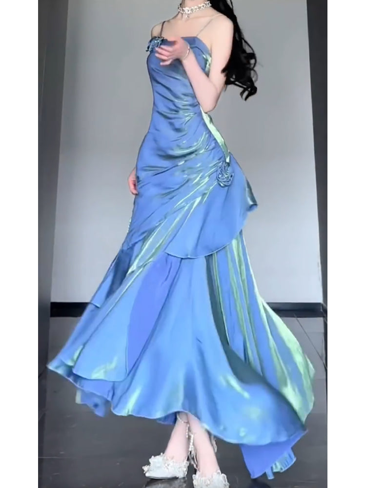 Chic Mermaid Spaghetti Straps Blue Long Classy Prom Dress Birthday Dress Birthday Outfits