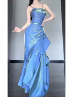 Chic Mermaid Spaghetti Straps Blue Long Classy Prom Dress Birthday Dress Birthday Outfits