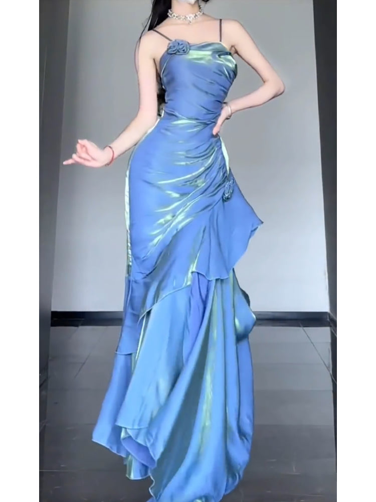 Chic Mermaid Spaghetti Straps Blue Long Classy Prom Dress Birthday Dress Birthday Outfits