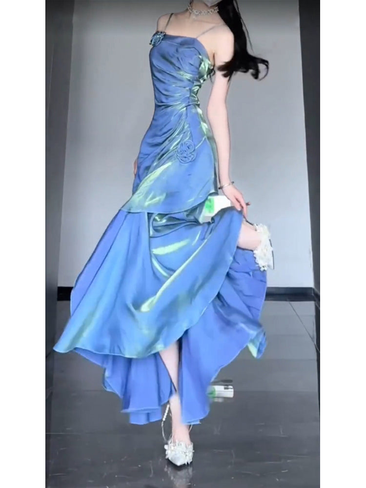 Chic Mermaid Spaghetti Straps Blue Long Classy Prom Dress Birthday Dress Birthday Outfits