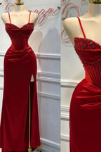 Chic Mermaid Spaghetti StrapsSatin Long Classy Dress With Beading Wedding Guest Dress