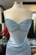 Chic Mermaid Spaghetti StrapsSatin Long Classy Dress With Beading Wedding Guest Dress