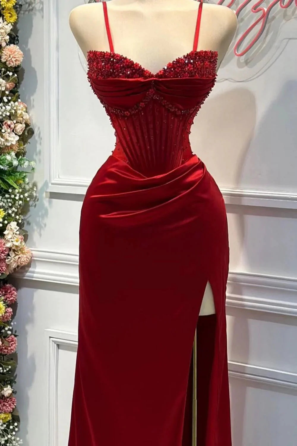 Chic Mermaid Spaghetti StrapsSatin Long Classy Dress With Beading Wedding Guest Dress