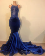 Chic Mermaid Spahgetti-Straps Openback Velvet Applique Evening Prom Party Gowns