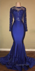 Chic Open Back Royal Blue Real Model Evening Prom Dress Lace Long Sleeves Mermaid Evening Gown