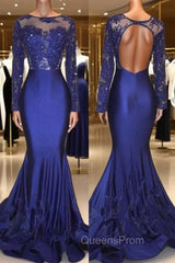 Chic Open Back Royal Blue Real Model Evening Prom Dress Lace Long Sleeves Mermaid Evening Gown