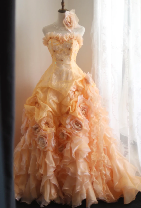Chic orange heart-shaped neckline handmade flower beading irregular layered skirt A-line wedding dress Main image