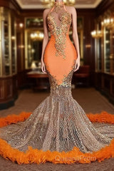 Chic Orange Long Mermaid Halter Sleeveless Tulle Evening Prom Dress