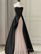 Chic Pink and Black Satin with Tulle Evening Prom Dress, A-line Long Party Dress