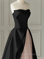 Chic Pink and Black Satin with Tulle Evening Prom Dress, A-line Long Party Dress