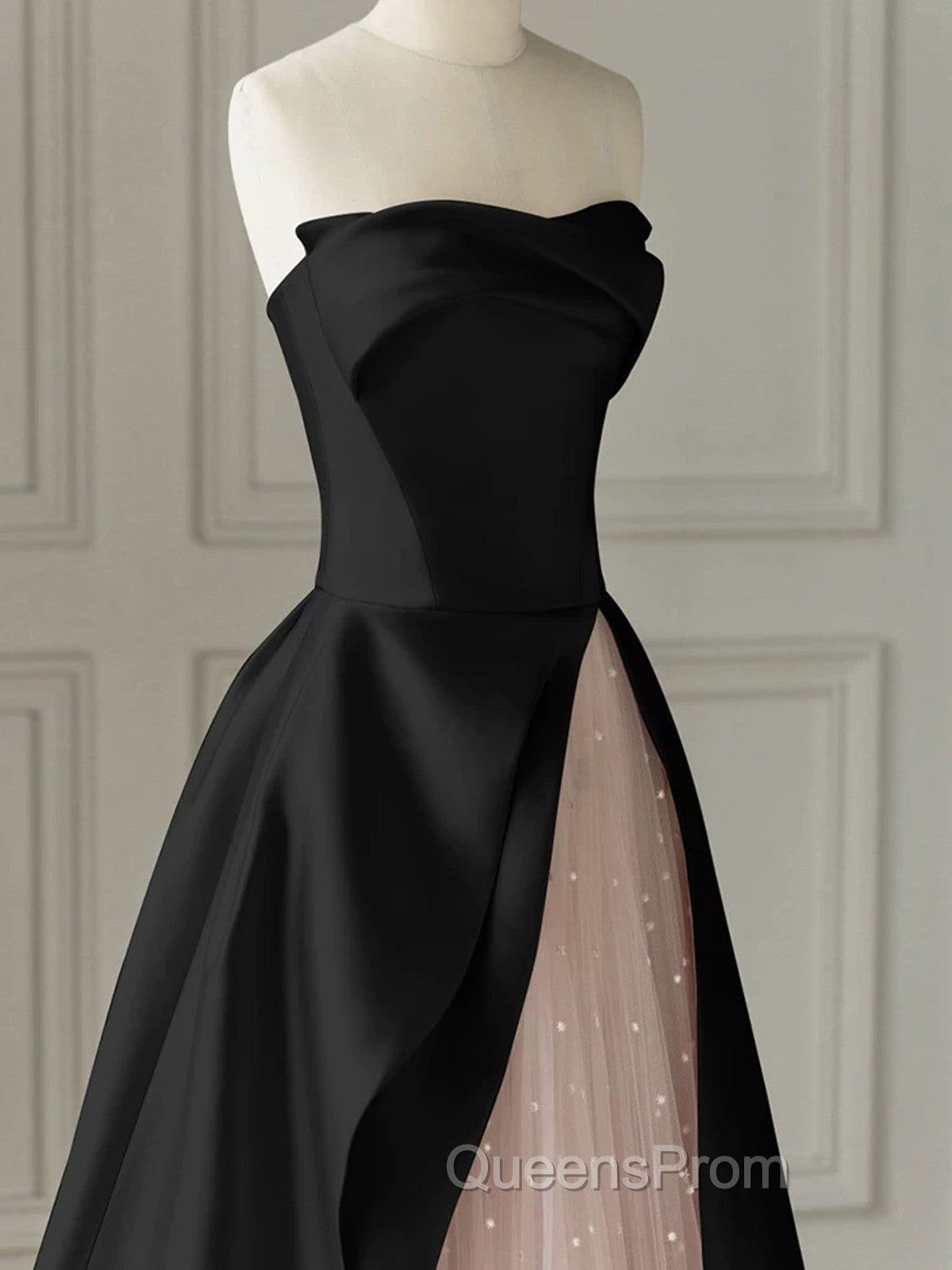Chic Pink and Black Satin with Tulle Evening Prom Dress, A-line Long Party Dress