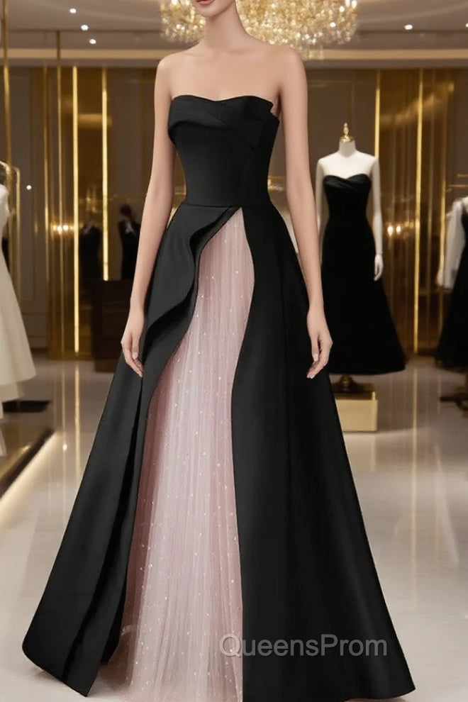 Chic Pink and Black Satin with Tulle Evening Prom Dress, A-line Long Party Dress Main image