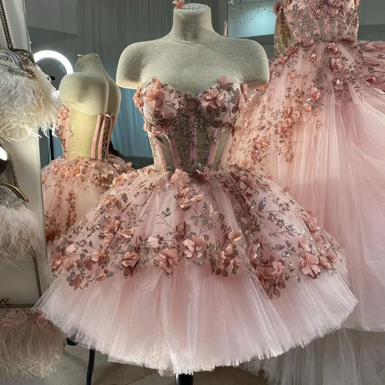 Chic Pink Classy Prom Dress Hand Made Flowers 18Th Birthday Outfits