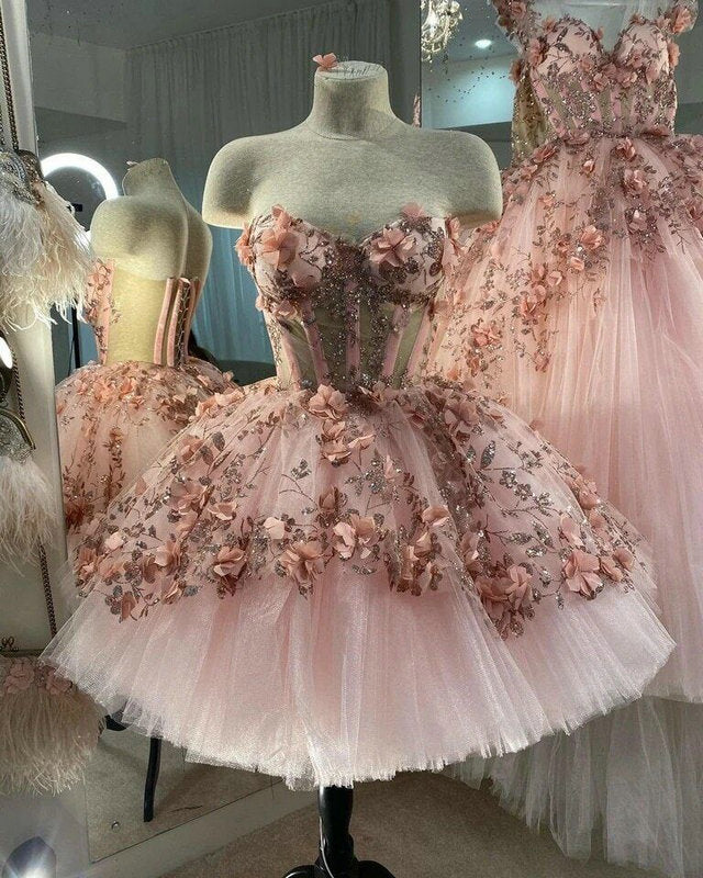 Chic Pink Classy Prom Dress Hand Made Flowers 18Th Birthday Outfits