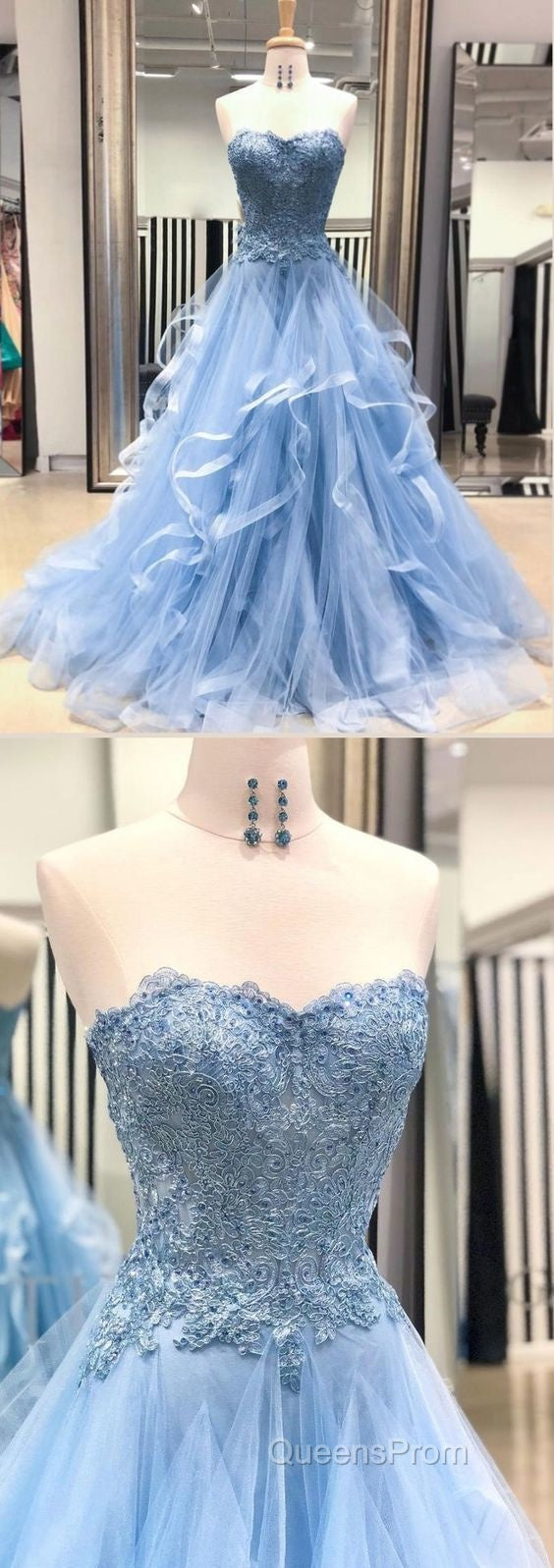 Chic Evening Prom Dress Sweetheart Sky Blue Ruffles Aline Lace Evening Prom Dress Secondary image