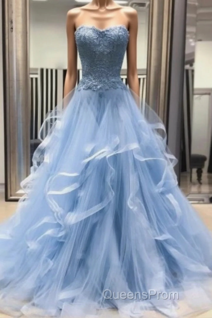 Chic Evening Prom Dress Sweetheart Sky Blue Ruffles Aline Lace Evening Prom Dress Main image