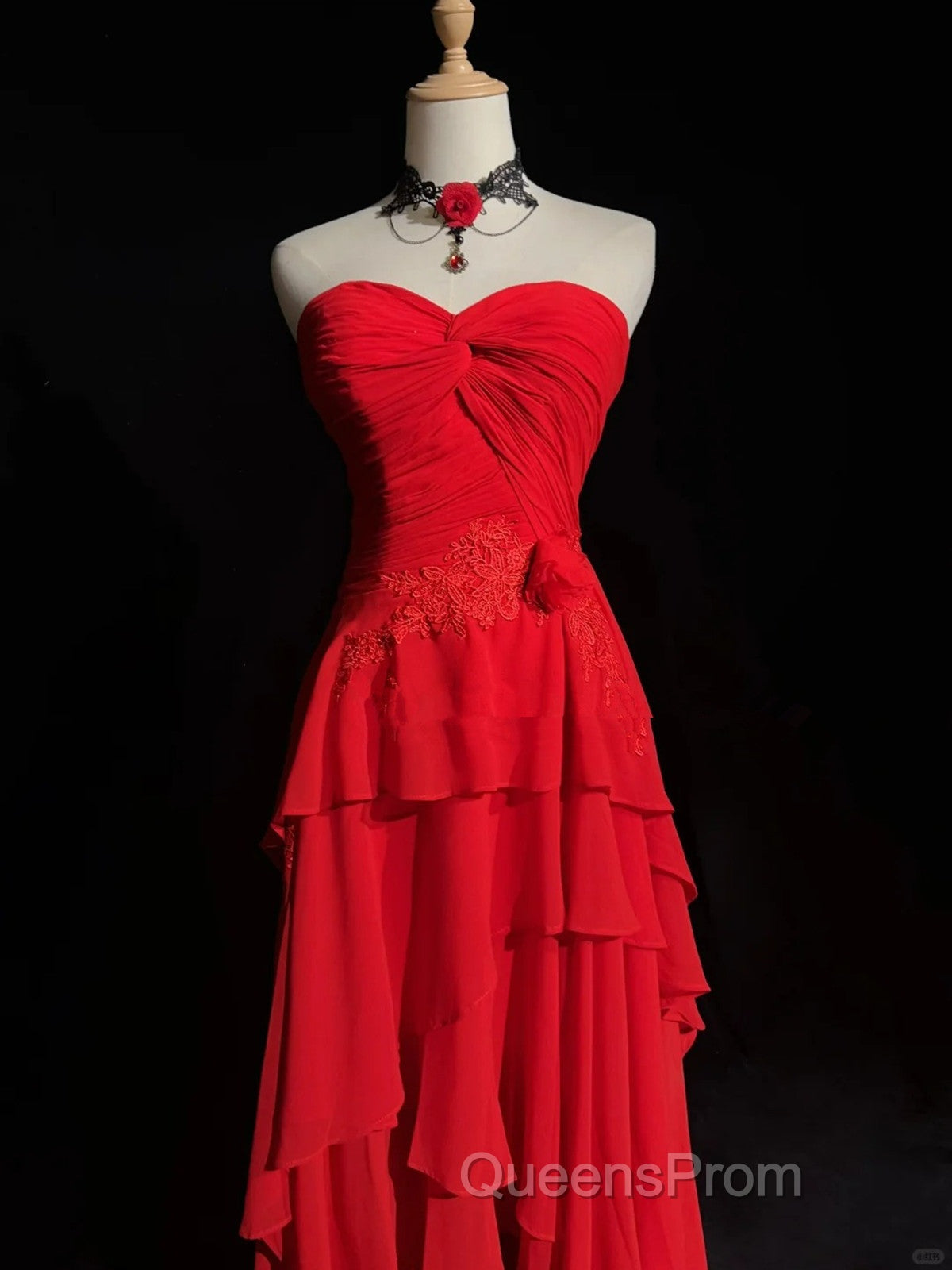 Chic Red High Low Chiffon Wedding Party Dress, Red Layers Long Formal Dress Secondary image