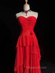 Chic Red High Low Chiffon Wedding Party Dress, Red Layers Long Formal Dress