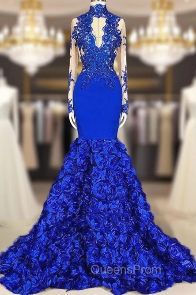 Chic Royal Blue Keyhole Flowers Train High neck Mermaid Evening Prom Party Gowns Main image