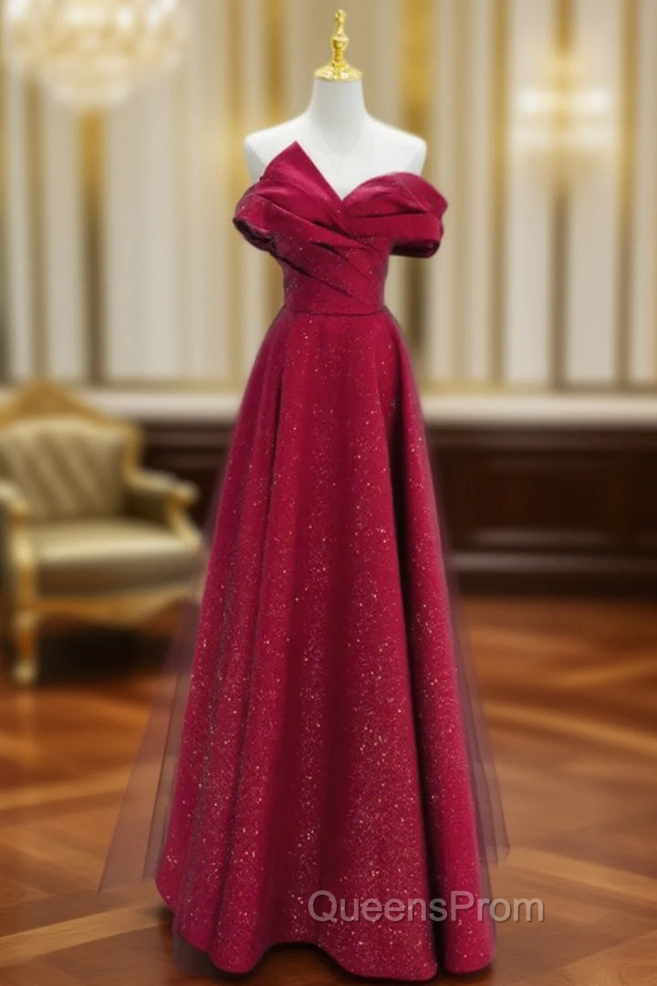 Chic Satin Long Party Dress Evening Prom Dress, A-line Red Off Shoulder Evening Dress Main image