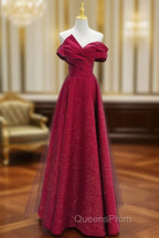 Chic Satin Long Party Dress Evening Prom Dress, A-line Red Off Shoulder Evening Dress