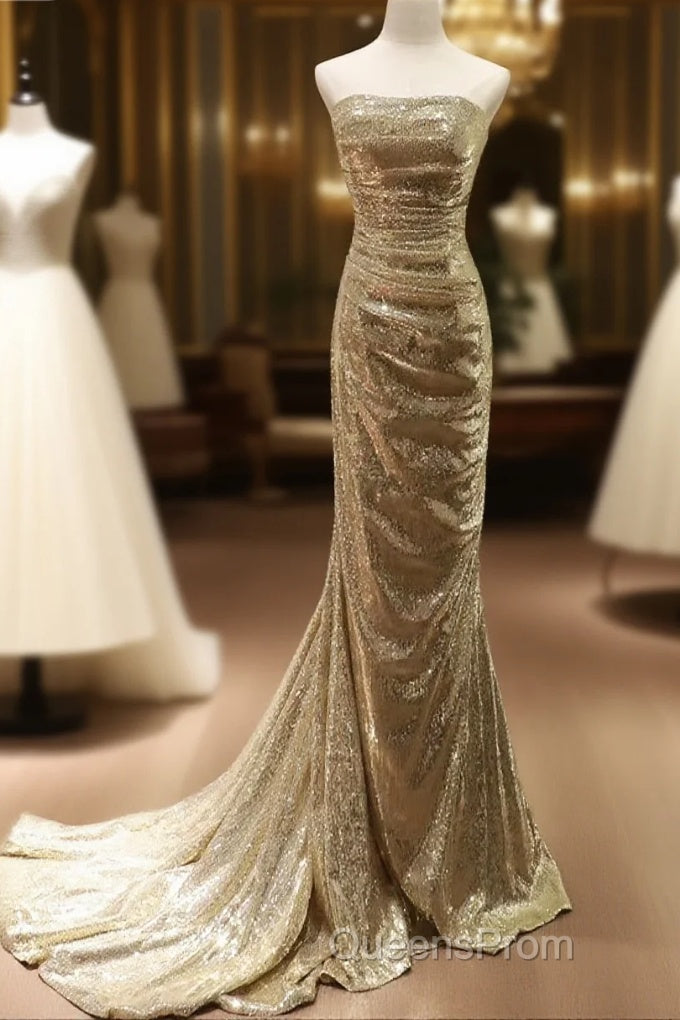 Chic Sequins Mermaid Scoop Long Formal Dress, Gold Long Evening Prom Dress Party Dress Main image