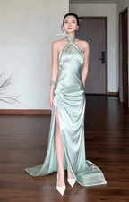 Chic Sheath Green Wedding Guest Dress Satin Halter Long Classy Evening Dress