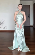 Chic Sheath Green Wedding Guest Dress Satin Halter Long Classy Evening Dress
