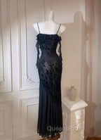 Chic Sheath Spaghetti Straps Black Evening Dress Long Evening Prom Dress