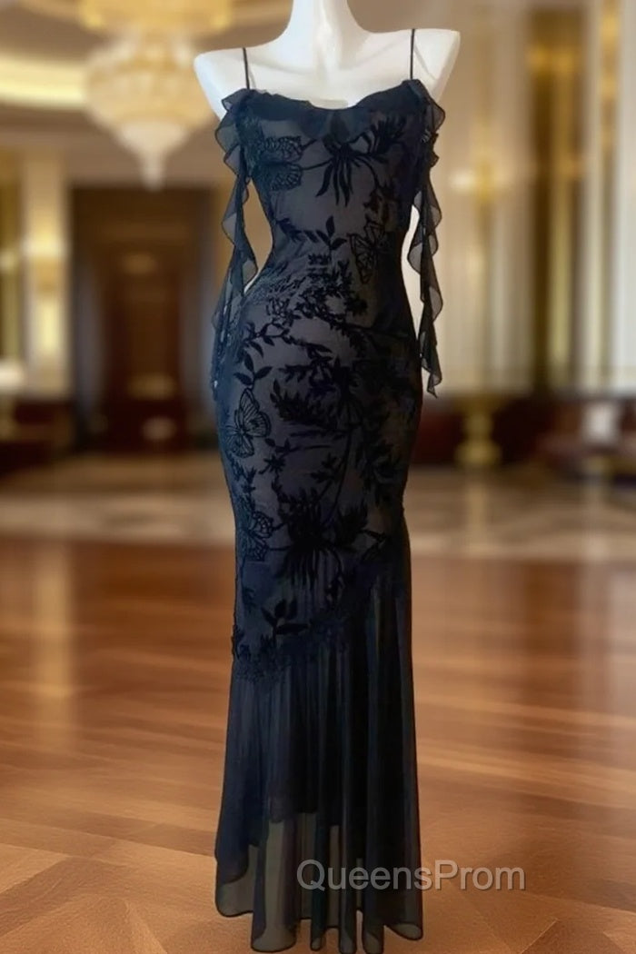 Chic Sheath Spaghetti Straps Black Evening Dress Long Evening Prom Dress Main image