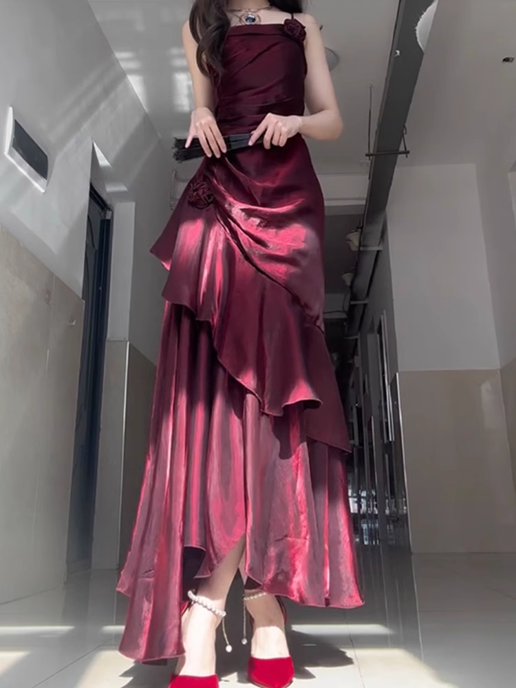 Chic Sheath Spaghetti Straps Burgundy Long Party Dress Birthday Outfits