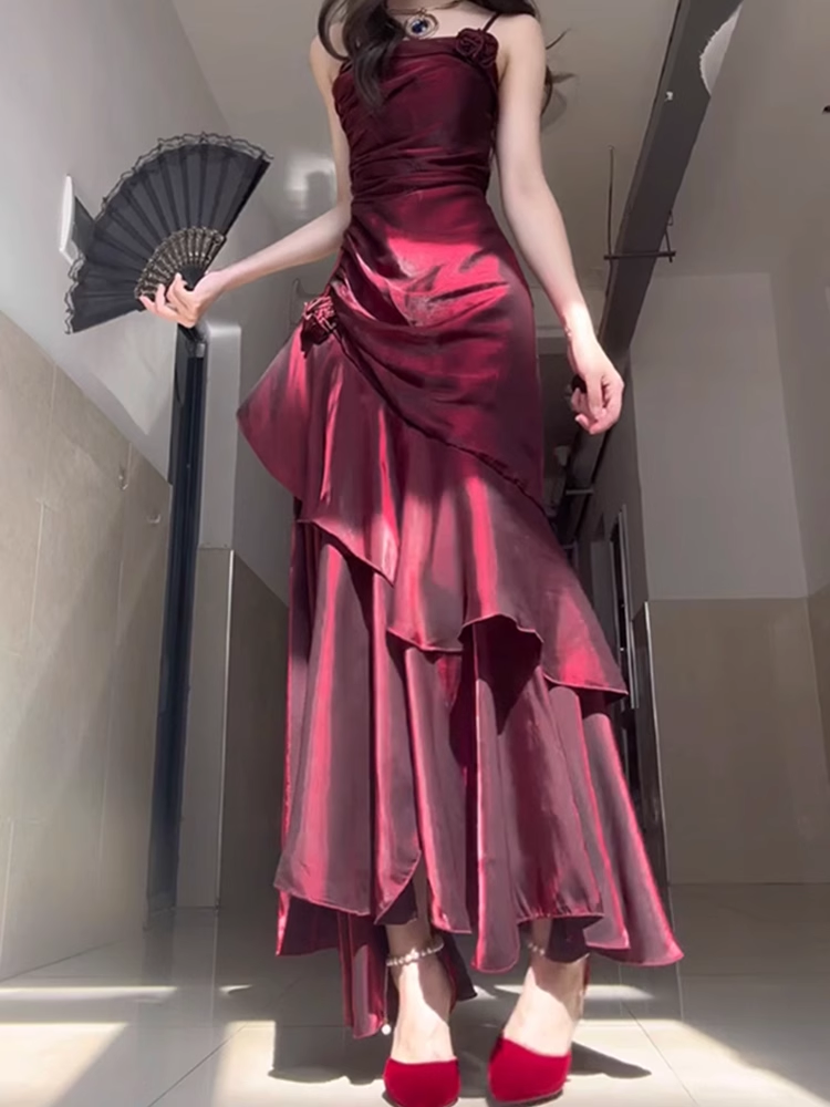 Chic Sheath Spaghetti Straps Burgundy Long Party Dress Birthday Outfits Main image
