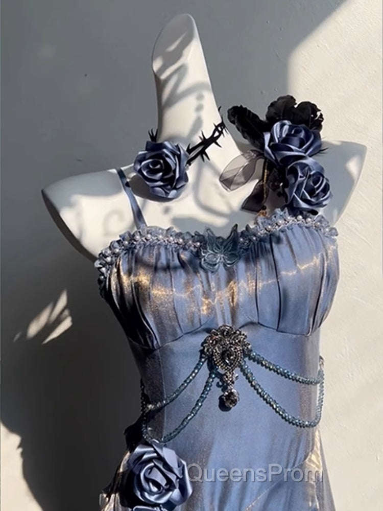 Chic Sheath Spaghetti Straps Floral Blue Long Party Dress Birthday Outfits With Sleeves