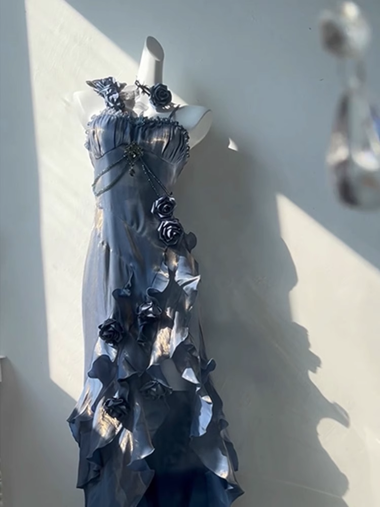 Chic Sheath Spaghetti Straps Floral Blue Long Party Dress Birthday Outfits With Sleeves Main image