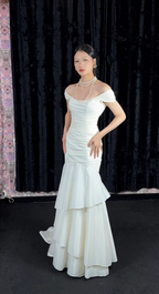 Chic Mermaid White Bridal Shower Dress Chiffon Off-Shoulder Long Classy Evening Dress
